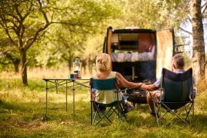 Rear,View,Of,Loving,Senior,Couple,Camping,In,Countryside,With